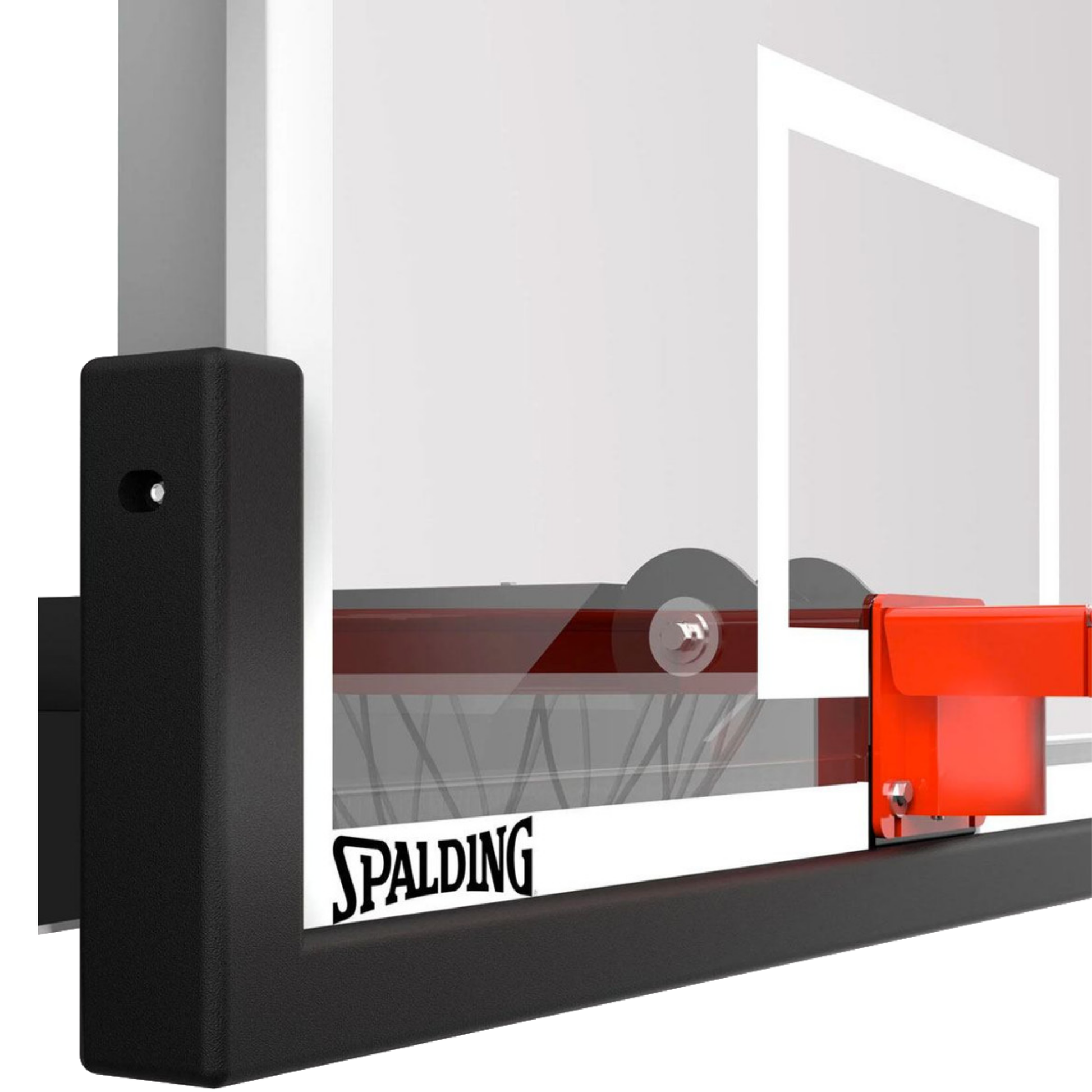 Spalding arena renegade in-ground basketball hoop backboard detail with red rim and logo.