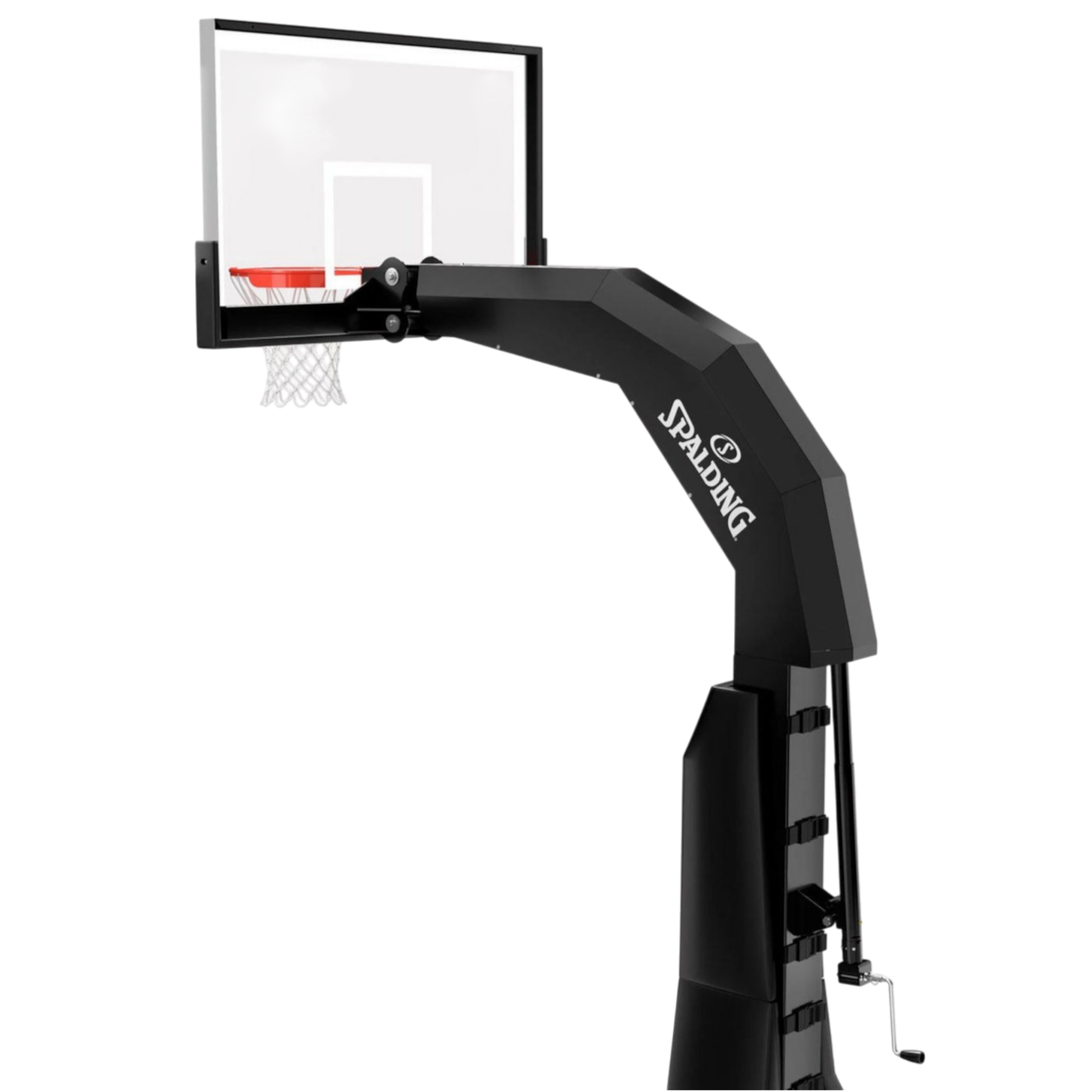 Spalding arena renegade in-ground basketball hoop with adjustable height and clear backboard.