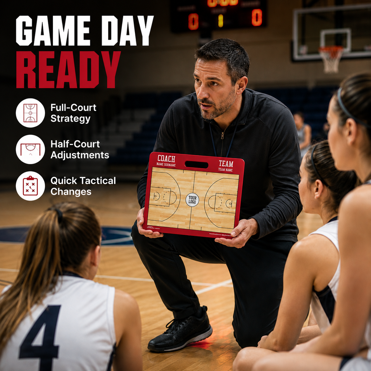 Basketball coach using WNBA coaching board on game day for full-court strategy, half-court adjustments and quick tactical changes with players
