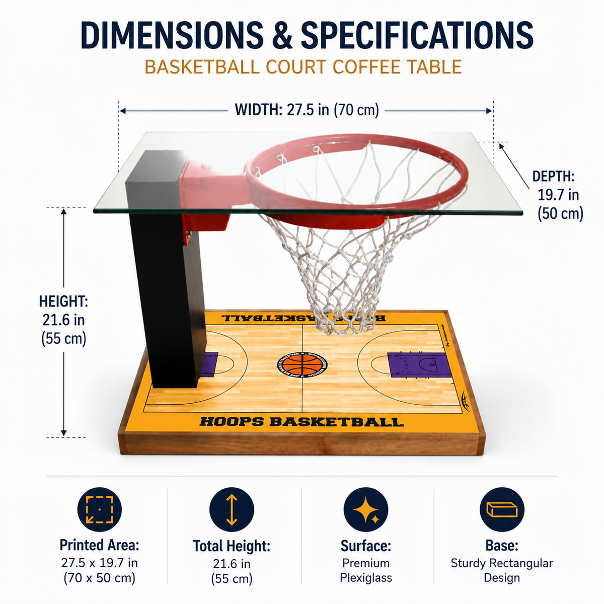 Basketball court coffee table dimensions - 27.5 x 19.7 x 21.6 inches (70 x 50 x 55 cm), premium plexiglass top, sturdy rectangular base