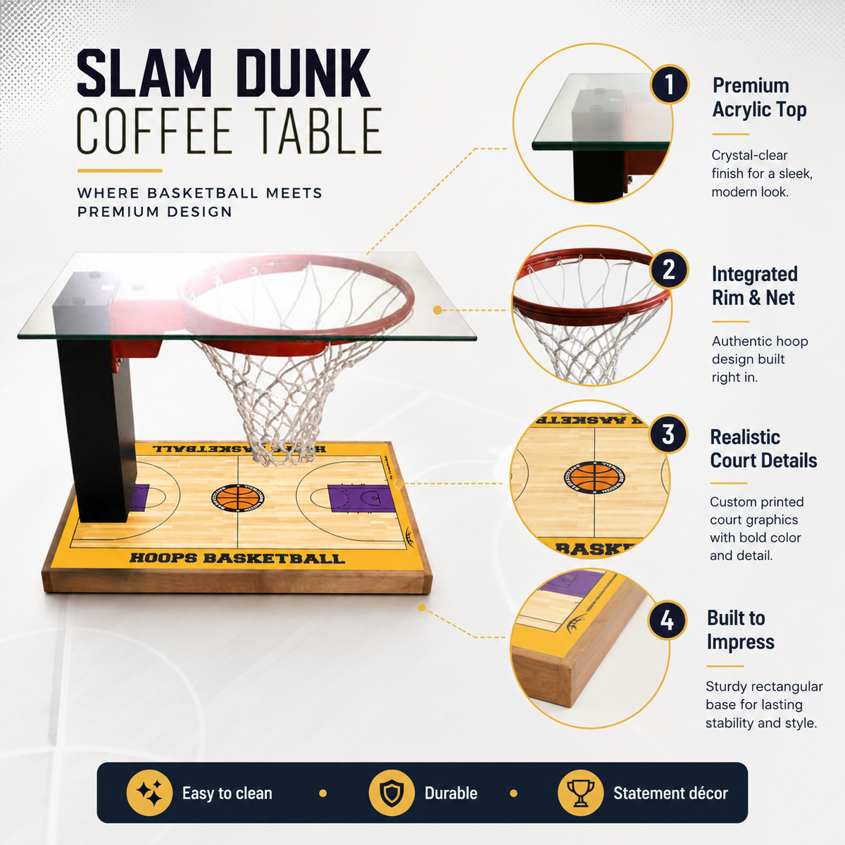 Slam Dunk basketball coffee table features - premium acrylic top, integrated rim and net, realistic court details, sturdy rectangular base