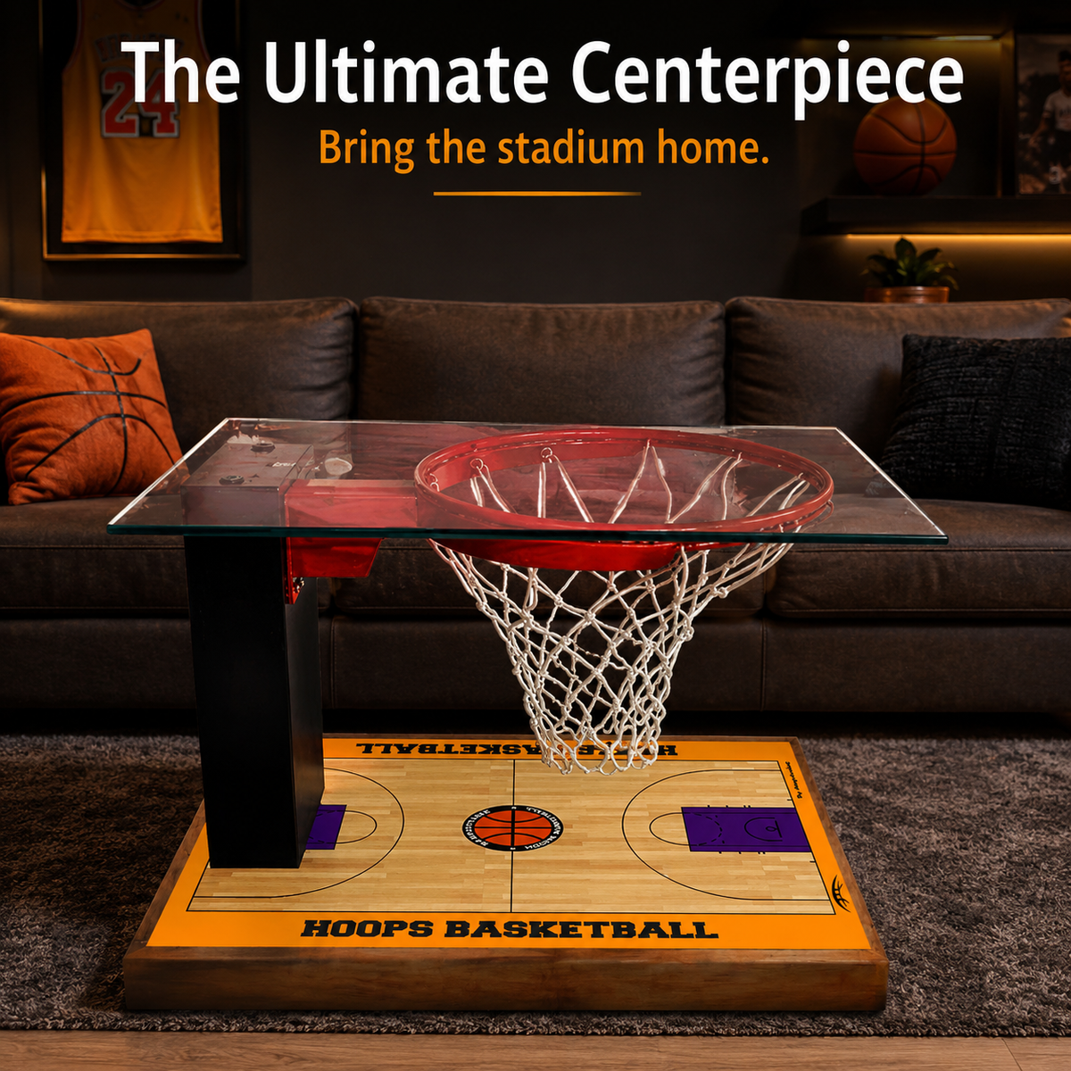 Basketball court coffee table as a living room centerpiece - fan cave decor with real basketball hoop and printed court