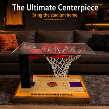 Basketball Court Coffee Table by Hoopsbasket - glass top, integrated rim and net, hardwood court base