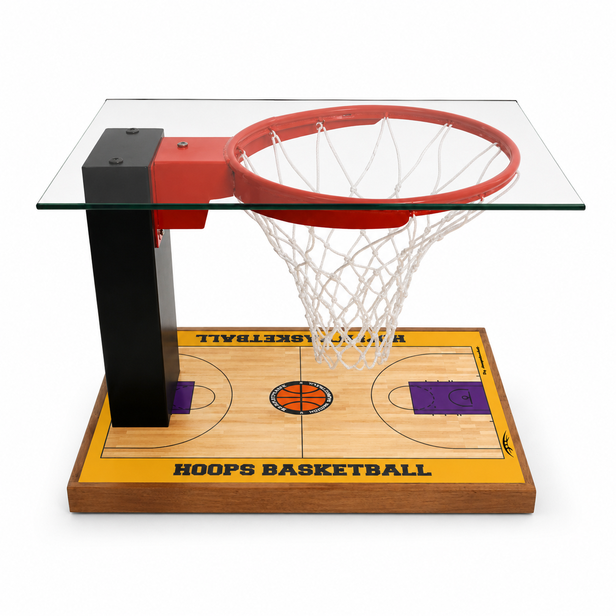 Basketball Court Coffee Table by Hoopsbasket - glass top, integrated rim and net, hardwood court base