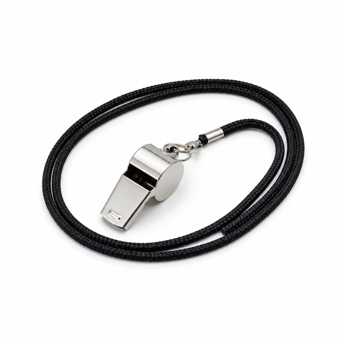 Coach whistle on black lanyard - single piece, chrome-finish referee whistle