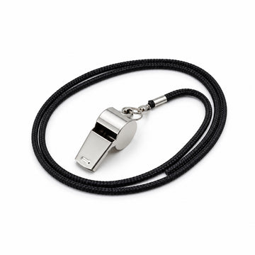 Coach whistle on black lanyard - single piece, chrome-finish referee whistle