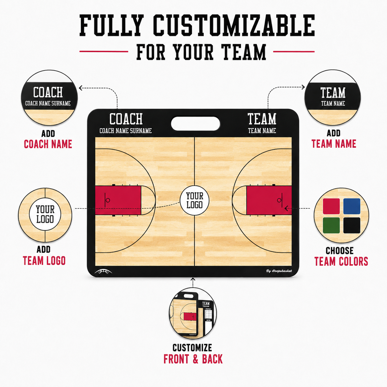 Fully customizable basketball coaching board with coach name, team name, team logo, and team color options