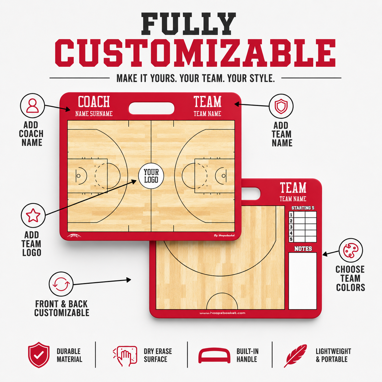 Fully customizable WNBA coaching board with coach name, team name, team logo, and team color options - dry erase, lightweight, portable