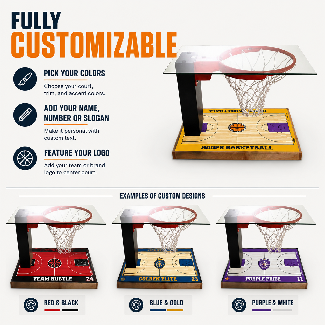 Customizable basketball coffee table - pick your team colors, add team name, number, slogan and logo to the center court