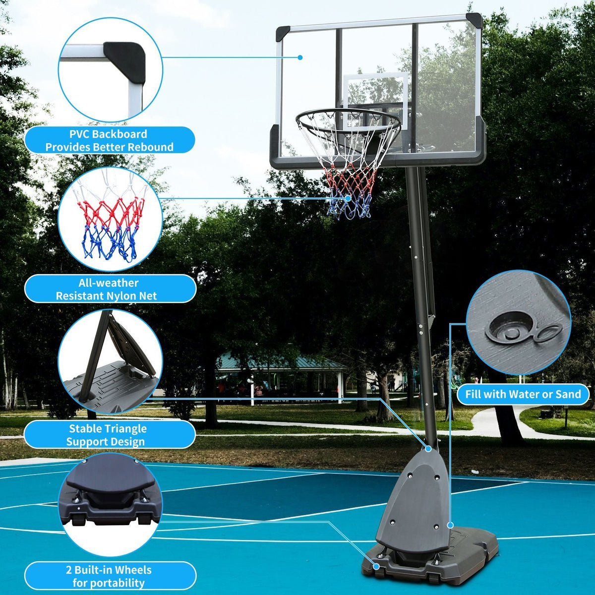 Versatile Portable Basketball Hoop - Height Adjustable 7.5 to 10ft with 44 Inch Backboard and Stable Base &mdash; Made-to-order in California