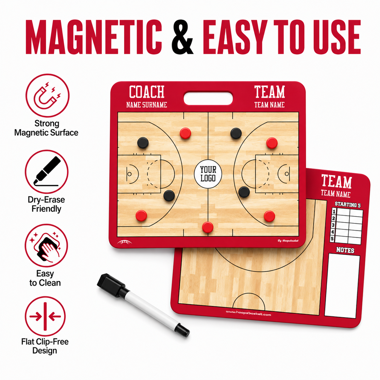 Magnetic and easy to use WNBA coaching board with strong magnetic surface, dry-erase friendly finish, and flat clip-free design