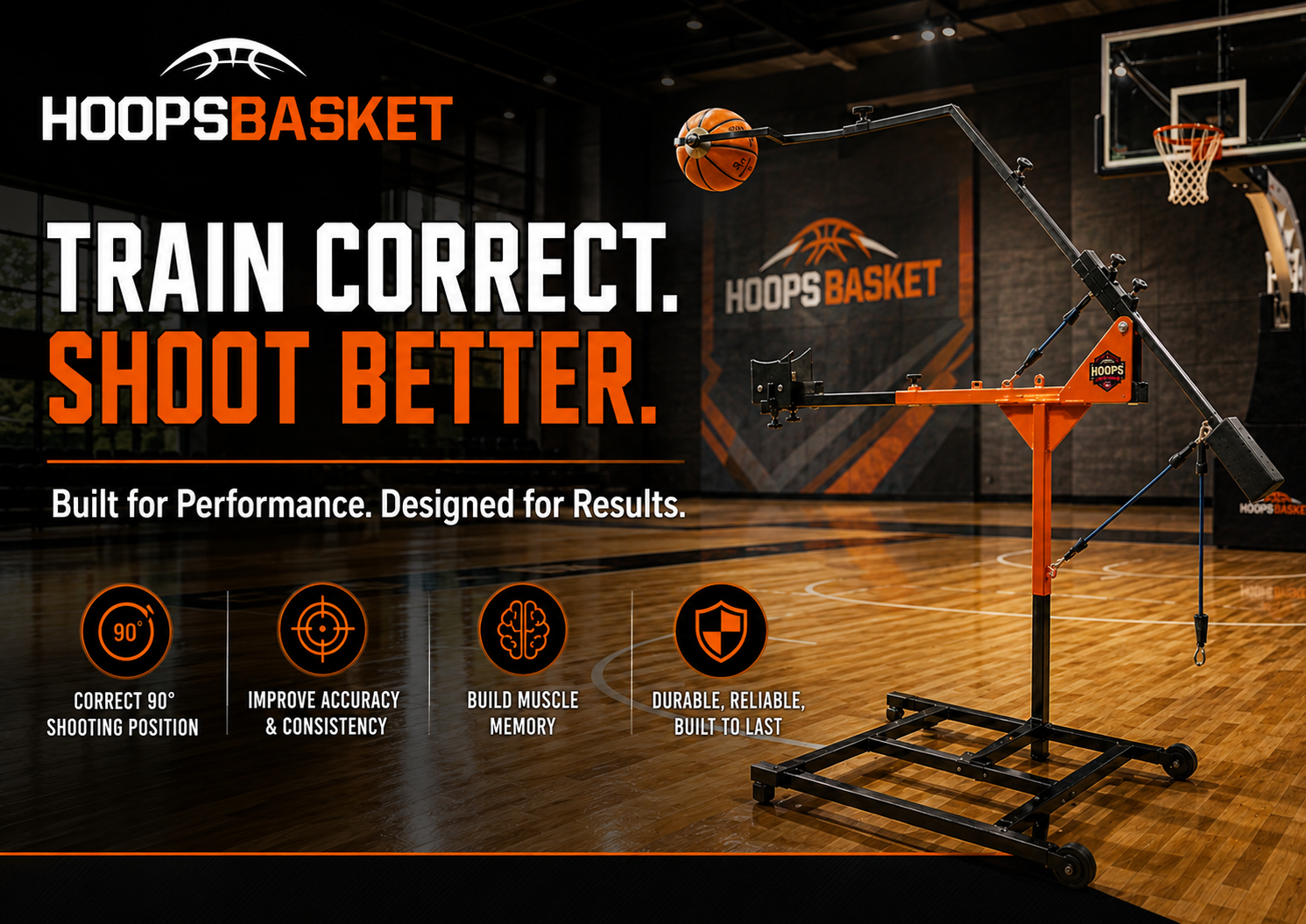 Train correct, shoot better - Hoopsbasket Shooting Correction Machine inside a basketball training gym