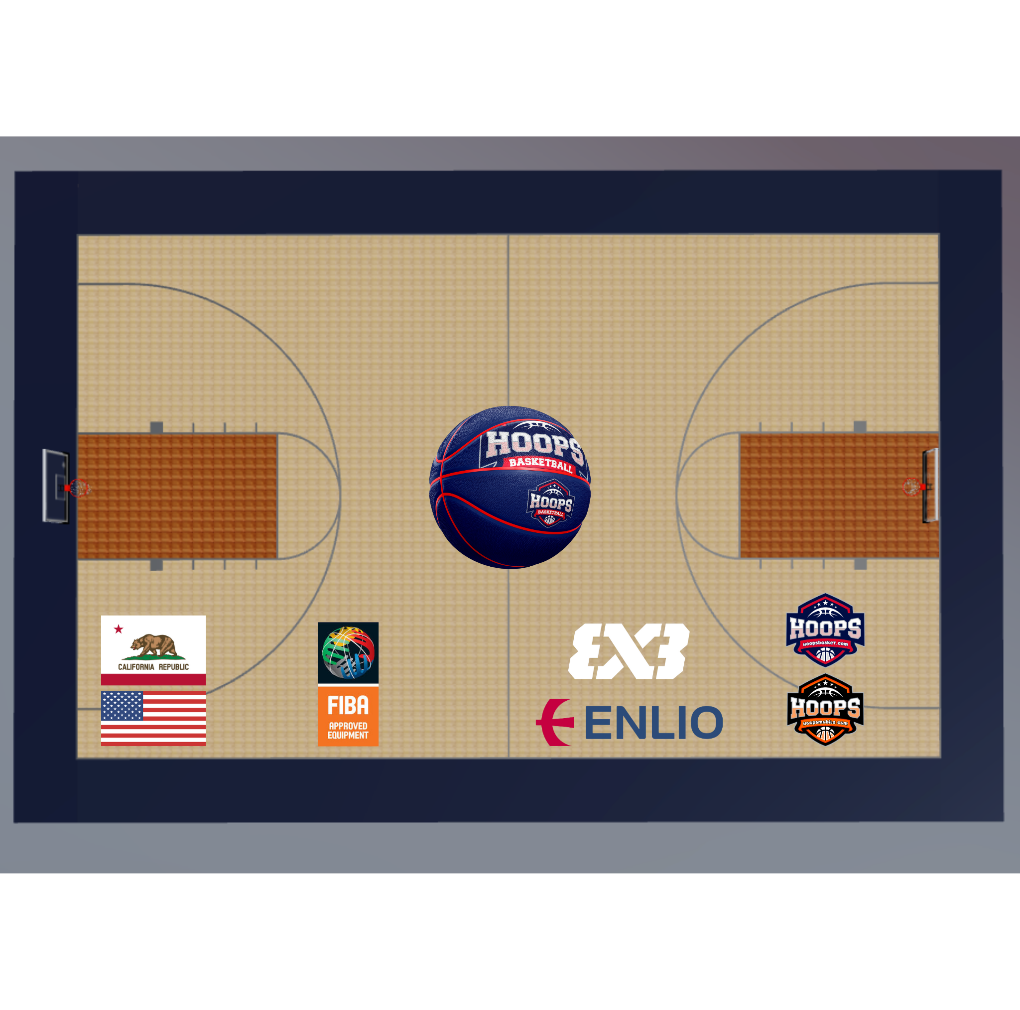 Portable Enlio FIBA-Approved Wood Pattern Basketball Court Tiles – 56' x 100' NCAA Full Court