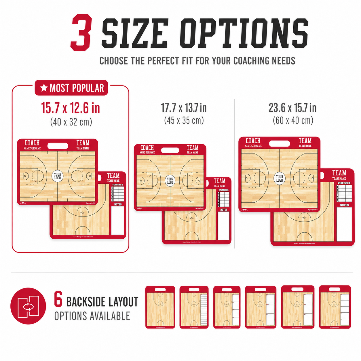 WNBA coaching board 3 size options 15.7 x 12.6, 17.7 x 13.7, 23.6 x 15.7 inches and 6 backside layout options