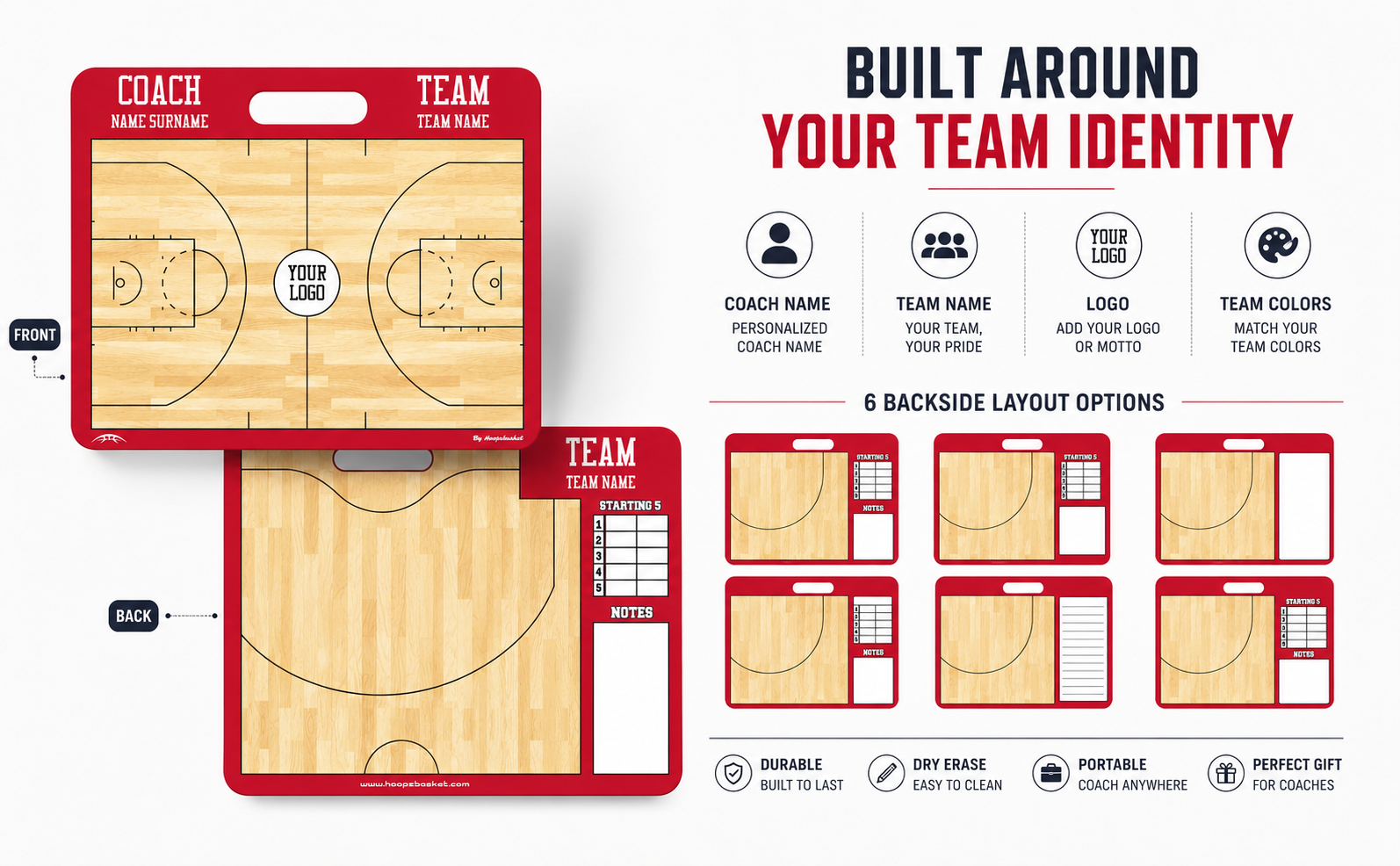 WNBA coaching board built around your team identity with custom coach name, team name, logo, colors and 6 backside layout options